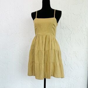Elan Butter Yellow Open Back Tiered Mini Dress Linen Blend Size Medium